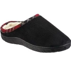 totes Men Memory Foam Slipper Black color with red plaid trim